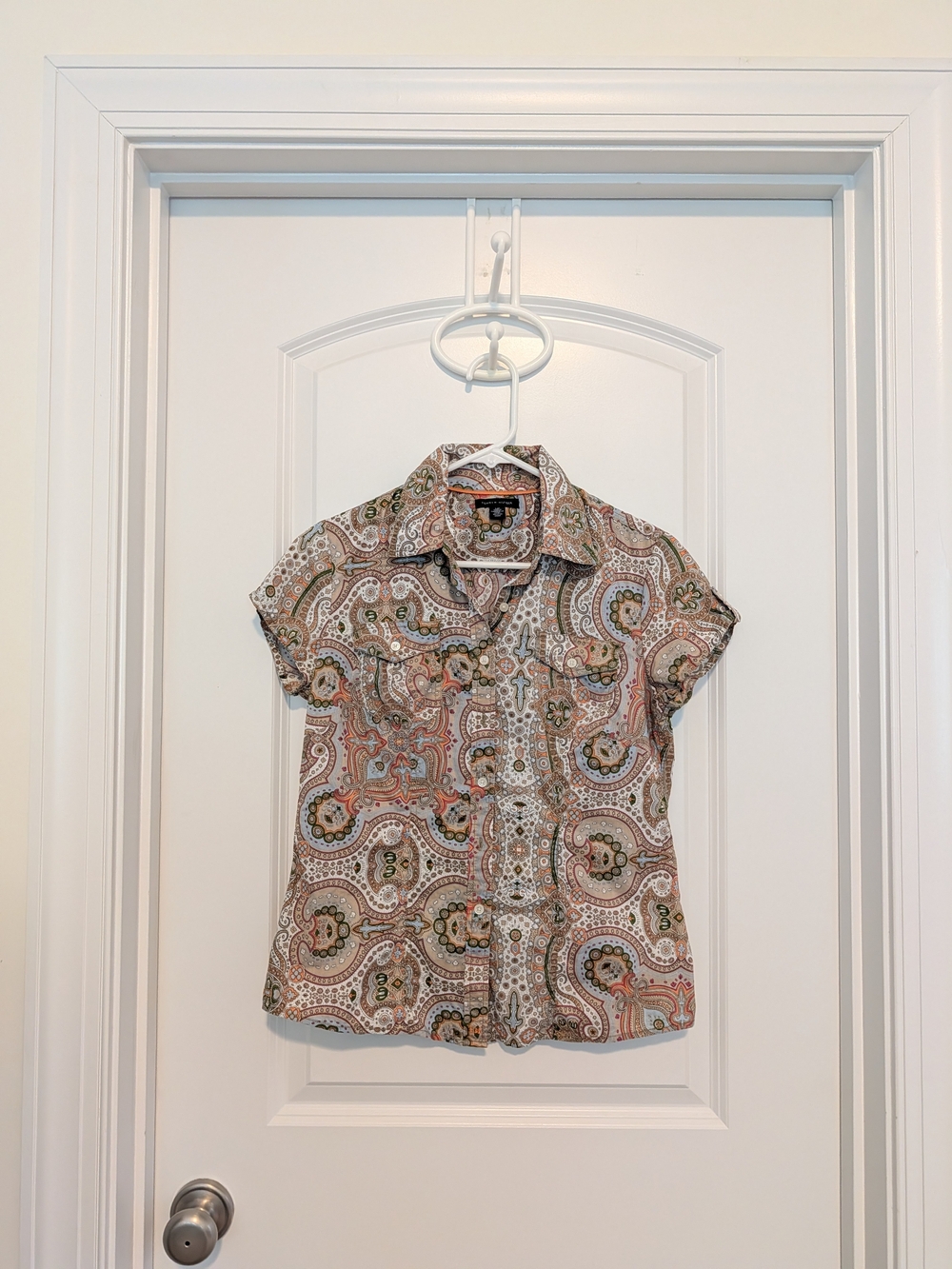 Tommy Hilfiger Short-Sleeve Paisley Button-Up Top - Beige, Coral, Olive